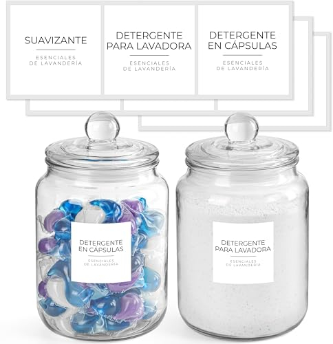 Winter Shore Tarros de Cristal de 2 L con Tapas y Etiquetas (Pack de 2) - Recipientes de Cristal Herméticos para Organización y Colada - 8 Etiquetas para Detergente en Polvo, Pastillas y Suavizante