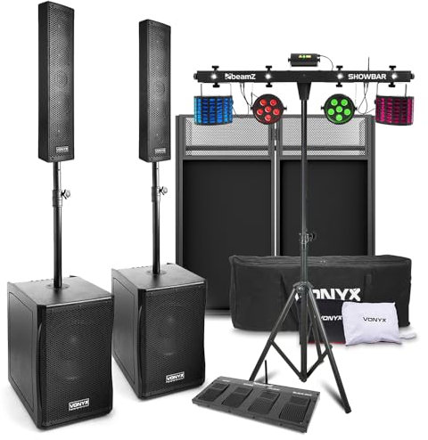 Vonyx VX1200 Column Line Array Speaker Kit with DJ Booth Stand and Beamz ShowBar Lighting System - Complete Mobile DJ Setup for Parties, Events and Performances