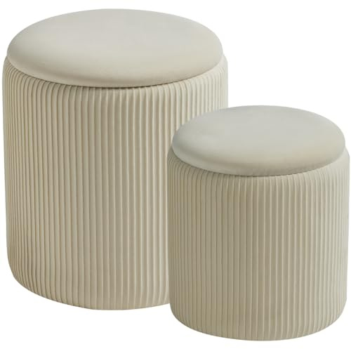 BLEXA Round Set of 2 Ottoman with Storage-Upholstered Velvet Vanity Stool for Makeup Multifunctional Ottomans Coffee Table Padded Seat Foot Rest for Living Room&Bedroom(White)