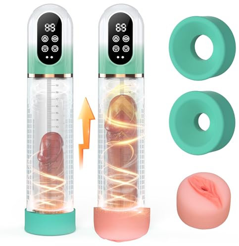 HIVEFUN Penispumpe für Penies.verlängerung Penis Erektion, Penispumpen mit 4 Saugstufen 3 Auto Trainingsmodi, IPX7 Wasserdicht Penis Pumpe mit 2 Silikonhülsen Sex Spielzeug für die Männer Grünlichweiß