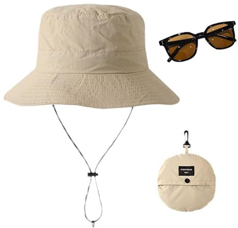 ZBHDEYG Sombrero de Sol para Hombre con Bolsa de Almacenamiento, Gafas de Sol, Protección UV, Deportivo al Aire Libre, Plegable, Caqui, S/M