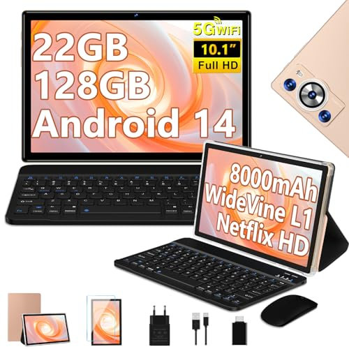 2025 Newest Tablette Android 14,Tablette 10.1 Pouces 22Go RAM+128Go ROM(TF 1To),8 Cœurs 2.0GHz,5G WiFi Tablette GMS,8000mAh/WideVine L1/FHD/BT5.0/GPS/Tablette 2 en 1 avec Clavier Souris-Or Rose