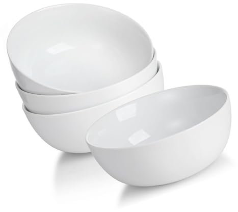 Lot de 4 bols à céréales en porcelaine blanche, bols à dessert, bols à petit-déjeuner en céramique, bols pour pâtes, salade, fruits, riz