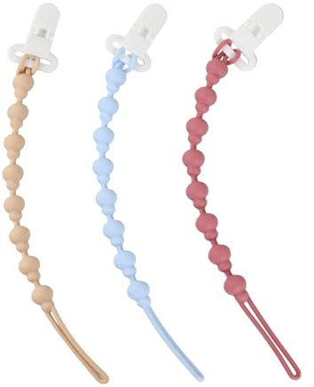 Chaîne de tétine en silicone, ensemble de 3 chaînes de tétine douces pour bébé avec fermoir, convient aux jouets de dentition, baby shower, sans BPA (rose bleu beige)