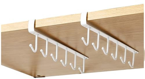 Gouccpu 2 Pack Hanging Hooks Rack Cup Holder Under Cupboard Cabinet Coffee Mug Holder 6 Hooks Drilling Free Coffee Cups Holder Kitchen Utensil Storage Organizer Hook Rack (White)