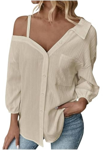 Camicia da donna estiva a maniche a 3/4, con spalle scoperte, per il tempo libero, con tasca sul petto, tinta unita, maniche a 3/4, beige., L