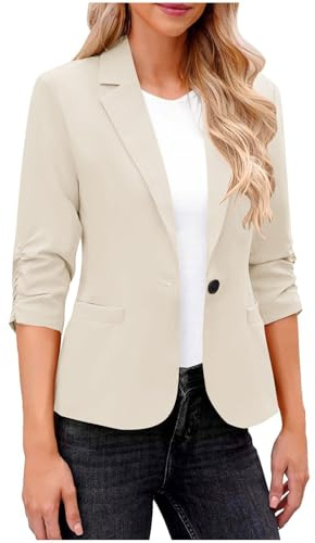 Dyhxuan Blazer Damen Beige Elegant 3/4 Arm Blazer Jacke Casual Sportlich Reverskragen Anzug Vorne Offener Anzugjacke Trenchcoat Business Jacket fürs Büro