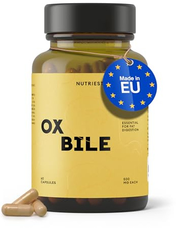 Nutriest Ox Gallsalter Kapslar (60 kapslar) – Ox Galla 500 mg | Gallsalter från europeiska nötkreatur | För att stödja matsmältningsprocesserna | Europa