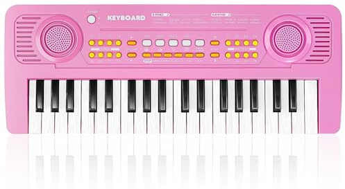 Clavier Piano Enfants avec Microphone - 37 Touches Portable Jouets Clavier avec Câble USB Musical Instrument Numériques Portables pour Garçon Filles Noël Anniversaire Cadeau, Rose