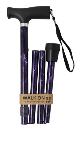 Walk On Folding Walking Stick, Adjustable Height, T-Handle with Wrist Strap, Petite and Long Sizes (Purple Marble, Petite)