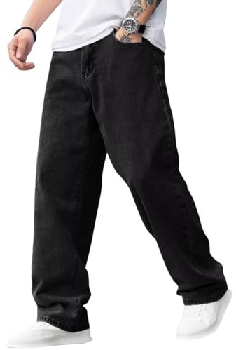 ALLABREVE Men's Baggy Hip Hop Jeans Y2k Wide Leg Denim Pants Relaxed Fit Skater Trousers Streetwear Black