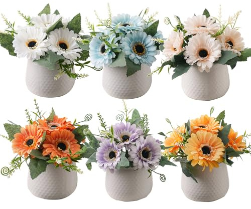 SUNNY BROOK 6PCS Artificial Flowers with Ceramic Pot, Small Fake Sunflowers in Vase, Faux Silk Spring Summer Flower for Home Summer Decor, Dining Coffee Table Centerpiece, Living Room Season Décor