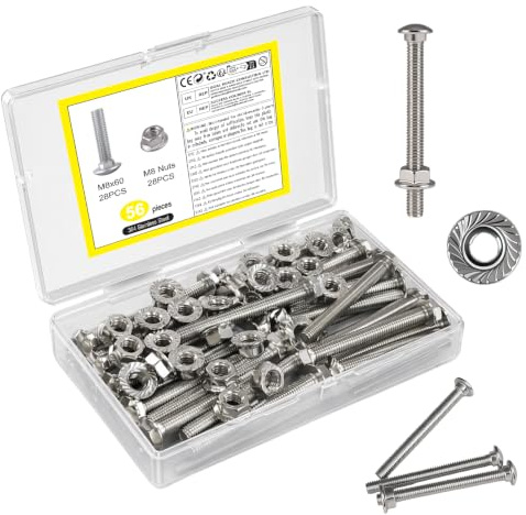 28 Pzs Tornillos de Cabeza Redonda Plana M6 x 60 mm | Tornillos de Carruaje de Acero Inoxidable, Tornillo con Tuercas de Brida Hexagonales, Pernos de Cabeza de Armadura