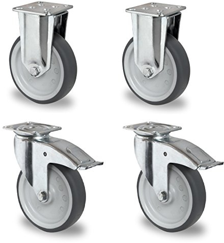 Satz Apparaterolle Bockrolle Lenkrolle mit Bremse Feststeller 100 mm Gummi grau-spurlos Anschraubplatte Möbelrolle Transportrolle