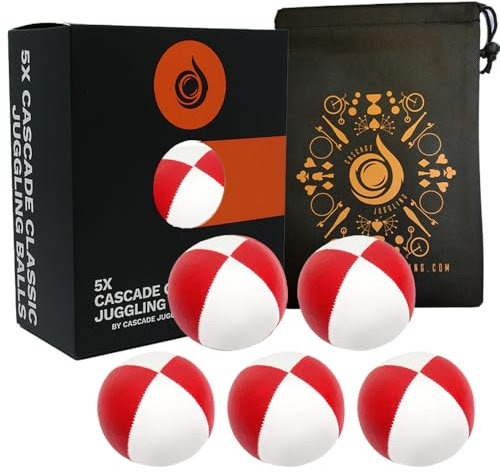 5 x Pro 115g Cascade Classic Juggling Balls - Thud Juggling Balls & Bag - Set of 5 Juggling Balls - Red/White