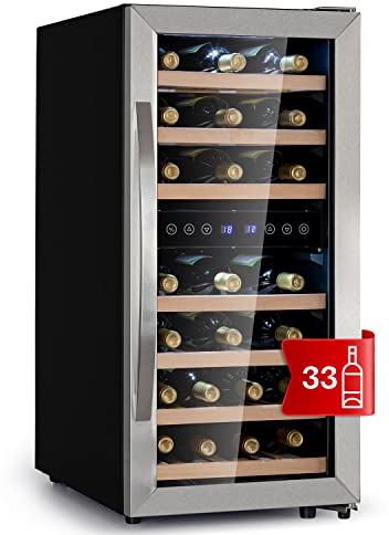 Klarstein Weinkühlschrank Freistehend, Kleiner Getränkekühlschrank Schmal, 2 Zonen Weinkühlschrank mit Glastür, Indoor/Outdoor Beersafe, Kühlschrank Klein mit LED-Lichter, 5-18°C, 33 Flaschen