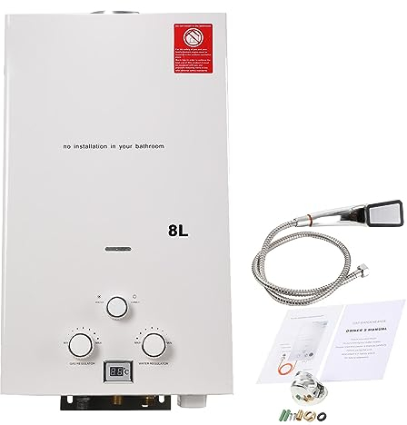 CDZHLTG Chauffe Eau Gaz,8L 16kW GPL Chauffe-Eau Instantané à Gaz Propane pour la Maison et Iextérieur, Instantané Chauffe Bain à Gaz Propane Utilisation pour Cuisine Et Salle De Bain (Blanc)