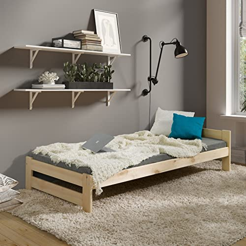 Coemo Massivholzbett Bett 90x200 mit Lattenrost Futonbett Holzbett Holz Kiefer Natur massiv Bettgestell Einzelbett auch als Kinder- und Jugendbett