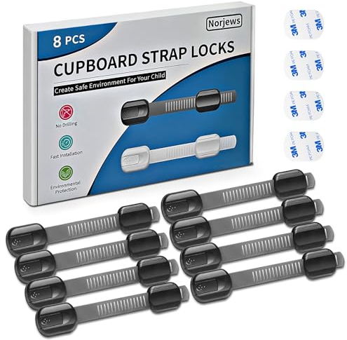 Norjews 8x Kindersicherung für Schrank und Schubladen, Schranksicherung zum kleben für Baby und Kind, Babysicherheit Schrankschloss, Schubladensicherung ohne Bohren - Schwarz