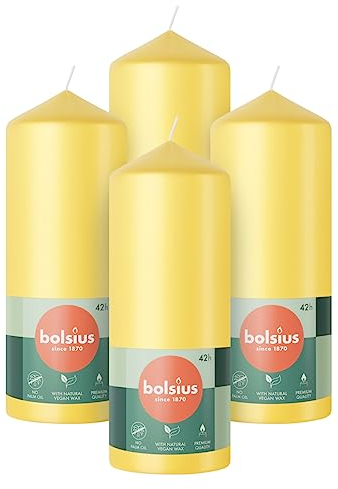 Bolsius Glatte Stumpenkerzen - Gelb - 4 Stück - 15 x 6 cm - Dekorative Haushaltkerzen - Länge Brenndauer 42 Stunden - Unparfümierte - Enthält Natürliches Pflanzenwachs - Ohne Palmöl