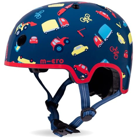 Micro Scooter | Bike/Scooter Printed Deluxe Kids Helmet | Kids Bike Accessories | LED Rear Light | Protective Chin Strap | Inner Padding | Adjustable Strap & Sizing Wheel | Small (48-54cm) | Vehicle