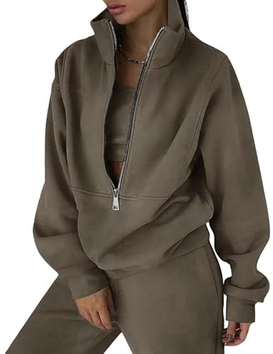 Litthing Survêtements Femme Ensemble Jogging Manche Longue Chaud Zippé Lounge Set Automne Hiver Couleur Unie Pantalons Ensemble de Sport Femme 2 Pièce Grande Lâche Occasionnel