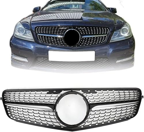 GLYGLY Parrilla Delantera de Coche para Mercedes W204 C200 C300 2008 2009 2010 2011 2012 2013 2014, Coche Parrilla Delantera Parachoques Parrilla Diamante Riñón Carreras Parrillas