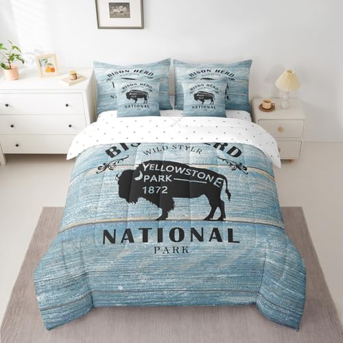 Feelyou Buffalo Bedding Set Wild American Bison Comforter Set 7 Pieces Room Decor Cartoon Wild Animal Wildlife Wood Grain Bed in a Bag Queen Size Blue Bed Set with Comforter, Sheet Set, Pillowcases