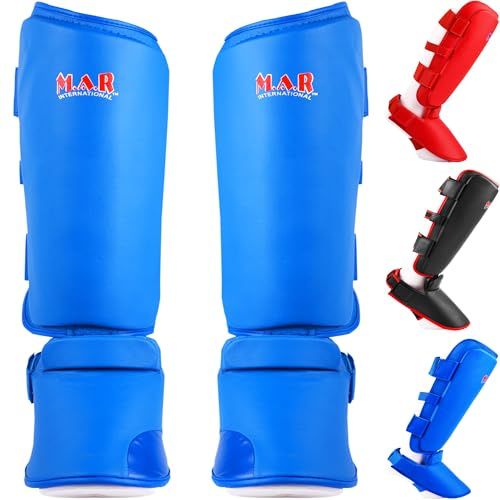 WKF Inspired Karate Shin & Instep Guards for Kickboxing Muay Thai Shin Guard MMA Foot Protector Training Leg Guards BJJ Taekwondo, Martial Arts Shin Pads for Training and Competition Red, Black, Blue
