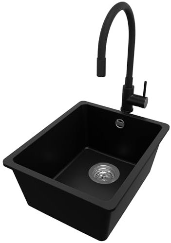 PRIMAGRAN Evier Cuisine en Granit Noir 36x44cm, Lavabo 1 bac + Robinet 40x38cm + Kit de Vidage, Évier à Encastrer al mueble 40cm - Venise Slim Easy S017