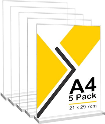 CIOXSOIO 5 Pezzi Espositore Plexiglass A4, T forma Porta Cartelli in Acrilico Porta Fogli Cornice Plexiglass Trasparente Porta Menu Da Tavolo Per Ristorante, Caffetterie, Ufficio, Foto