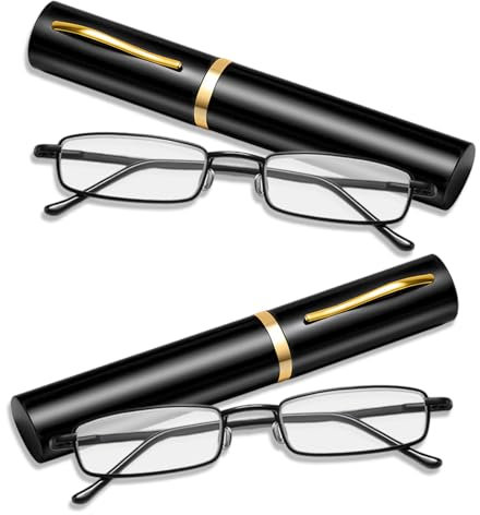 Fgdui 2Pcs Reading Glasses Slim Reading Glasses Tube Reader Glasses Blue Light Blocking Unisex Magnifying Eyewear with Portable Pen Clip Case(Black, 2.5, Dioptres)