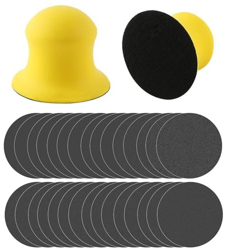 Zyiphor 2-pack 3-tums slipklossar med Klett-set, krok och ögla – Handslipblock, rund slipsats med 30 stycken slipapper – Rund handslipare med Klett för DIY-träbearbetning