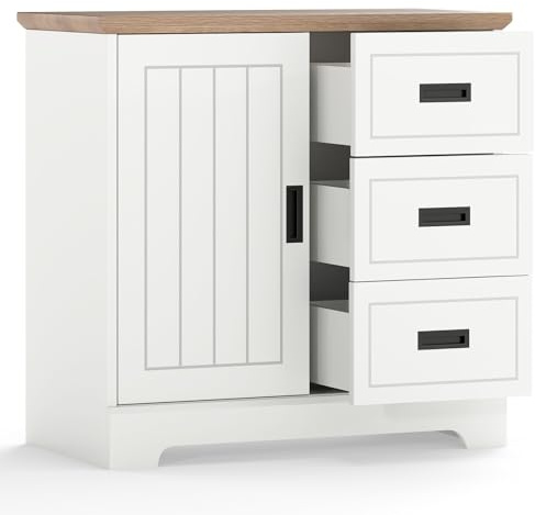 Giantex Small Sideboard Buffet Cabinet, Farmhouse Kitchen Storage Cabinet with Fluted Sliding Door, 3 Drawers, Adjustable Shelf, Wooden Coffee Bar Station for Dining Room, Living Room (White+Oak)