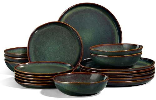 Joyfair Geschirrset 6 Personen, 18-tlg Steinzeug Tafelservice Set, Unregelmäßig Rund Geschirr mit Speiseteller, Dessertteller, Müslischalen, Mikrowellen- & Spülmaschinenfest, Reaktives Tundra Grün