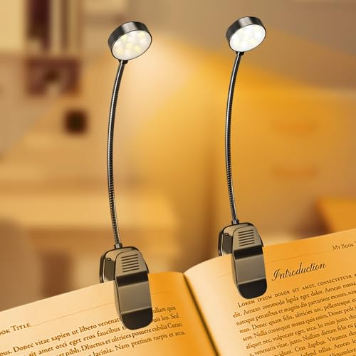 KTEBO Book Reading Light 2 Packs Rechargeable, Eye Care 10 LED Lamp for Reading in Bed - Adjustable Brightness, 3 Color Temperatures 30+ Hours Runtime, Gifts for Book Lovers, Black