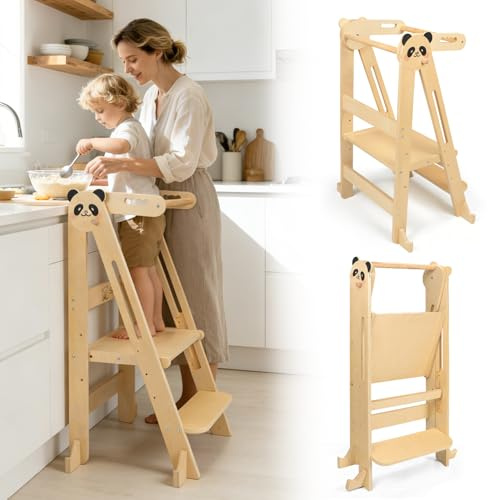 SOFTHOM Montessori Tour d Observation Pliable, Tourd'apprentissage a partir de 1 an, Rambarde de securite,Anti-basculement, Hauteur Reglable/Gagnez de l'espaceSur Stable Tabouret en Bois, Naturel