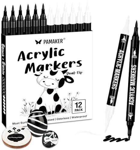 Akrylpennor akryl markeringsset, 12 svartvitt set dubbla spetsar tunn och tjock