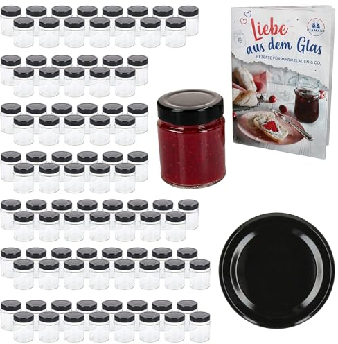 MamboCat Set di 96 barattoli per marmellata da 161 ml con coperchio a vite nero, vasetti a bordo alto + coperchio Deep to 58 con ricetta per zucchero diamantato, barattoli per conservare e conservare