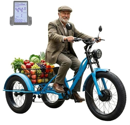 WuXQuuzlh Triciclo Eléctrico para Adultos 24 Pulgadas, Equipado con Un NeumáTico Trasero De Nieve De 20 Pulgadas, Pantalla LCD Digital, Cesta De Almacenamiento Trasera para Ideal para Uso Familiar A