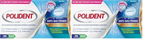POLIDENT Nettoyant Antibactérien Pour Prothèses Dentaires Complètes ou Partielles - Elimine les Bactéries Responsables de la Mauvaise Haleine - 108 Comprimés (Lot de 2)