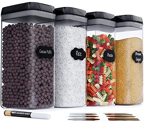 Chef's Path Airtight Food Storage Boxes with Labels - Kitchen Storage - Flour, Cereal, Pasta - Plastic Storage Boxes with Lids (4pcs-3.2L)