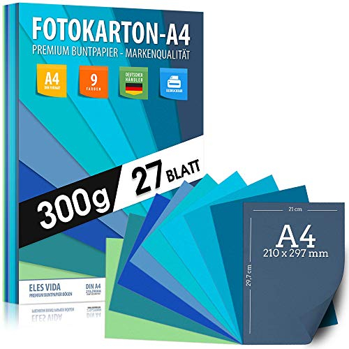 27 Blatt FOTOKARTON A4 Wasser und Blautöne - Papier - 300g /m² Set 9 Farben – Stabil Bastelpapier & Farbige Blätter, Meer, Marine, Blue Cyan Azur - Ozean - BLAUER ENGEL zertifiziert - MADE IN GERMANY