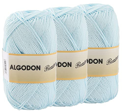 Hilo de Algodón Ovillo de Algodón 100% Perfecto para Tejer o para Ganchillo - Color Celeste Bebé 100gr 220metros x 3pcs