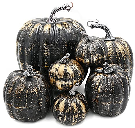 OTMVicor Künstliche Kürbisse aus Schaumstoff, Schwarz und Gold, 7 Stück, für Herbst, Halloween, Erntedankfest, Feiertage, Festival, Tischdekorationen (Schwarz und Gold)
