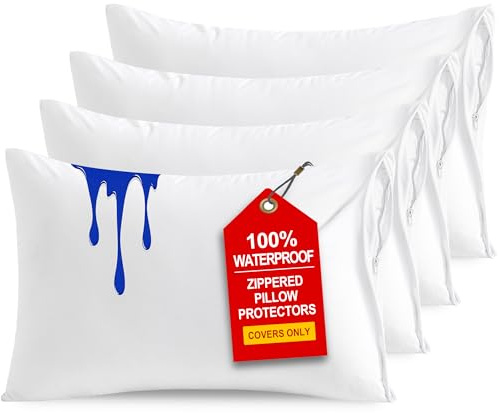 NTBAY 4 Pack Zippered Waterproof Standard Pillow Protectors, Super Soft Quiet Zip Pillow Protectors, 20x26 Inches Jersey Pure White Waterproof Pillow Cases Covers