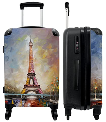NoBoringSuitcases.com® Koffer groß Trolley Rollkoffer Reisekoffer mit 4 Rollen Fotokoffer - Eiffelturm - Ölgemälde - Paris - 67x43x25cm - 90 Liter