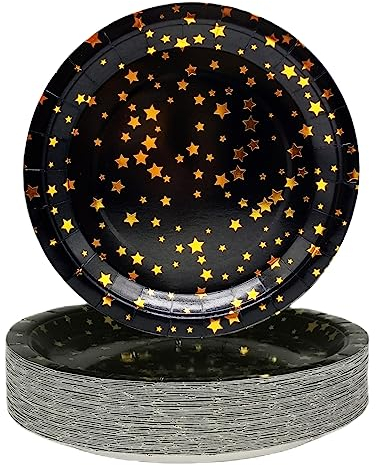 CEILIWEN Black & Gold Star Paper Plates, 50 Pack 7 inch Black Party Plates, Party Decorations