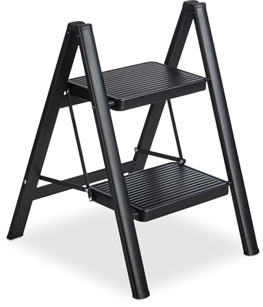 Relaxdays Trittleiter klappbar, 2 Stufen, leichte Treppenleiter Stahl, Leiter bis 120 kg, HxBxT 60 x 42 x 48 cm, schwarz