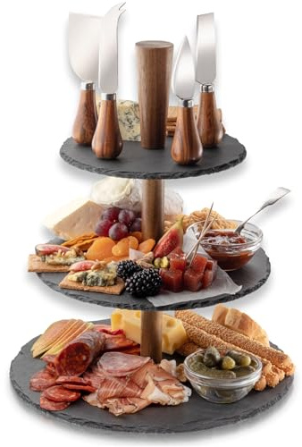 Juego de cuchillos de queso de acacia de 4 piezas y soporte de pizarra de 3 niveles. Elegante juego de cuchillos de queso con soporte de pizarra etagere, mangos de cuchillos de madera de acacia y